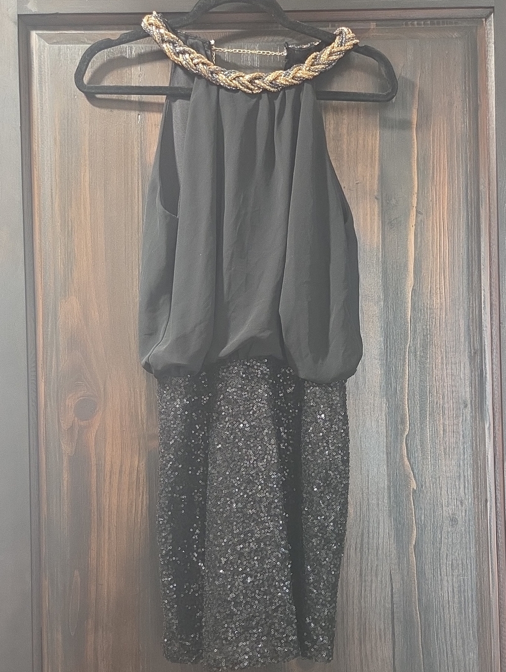 YA Los Angeles Black Sequin Cocktail Dress Size Large | Gold Chain Neckline